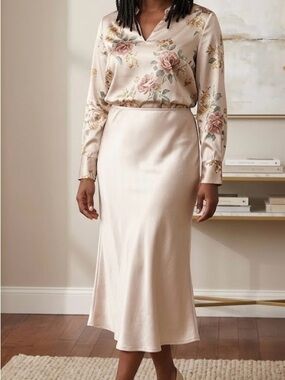 All:Row champagne satin midi skirt zip closure medium career wear